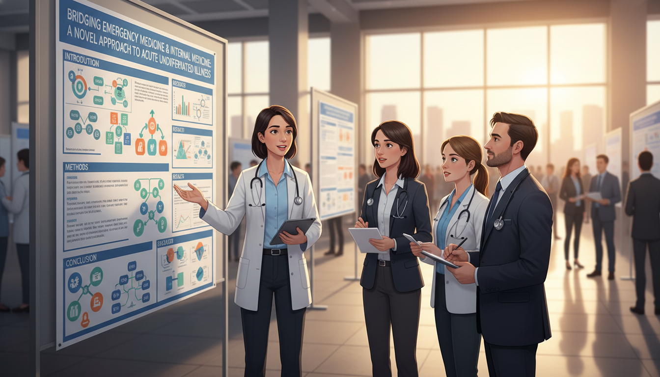 Resident presenting EM-IM research poster at a medical conference Resident presenting EM-IM research poster at a medical conference - MD graduate residency for Research Profile Building for M