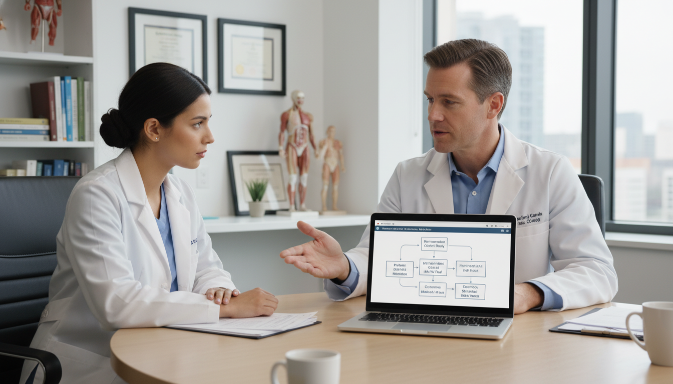 EM-IM mentor and MD graduate discussing research design EM-IM mentor and MD graduate discussing research design - MD graduate residency for Research Profile Building for MD Graduate