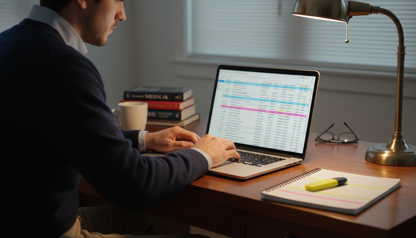 Physician reviewing SOAP unfilled program list on laptop - MD graduate residency for SOAP Preparation for MD Graduate in Emer