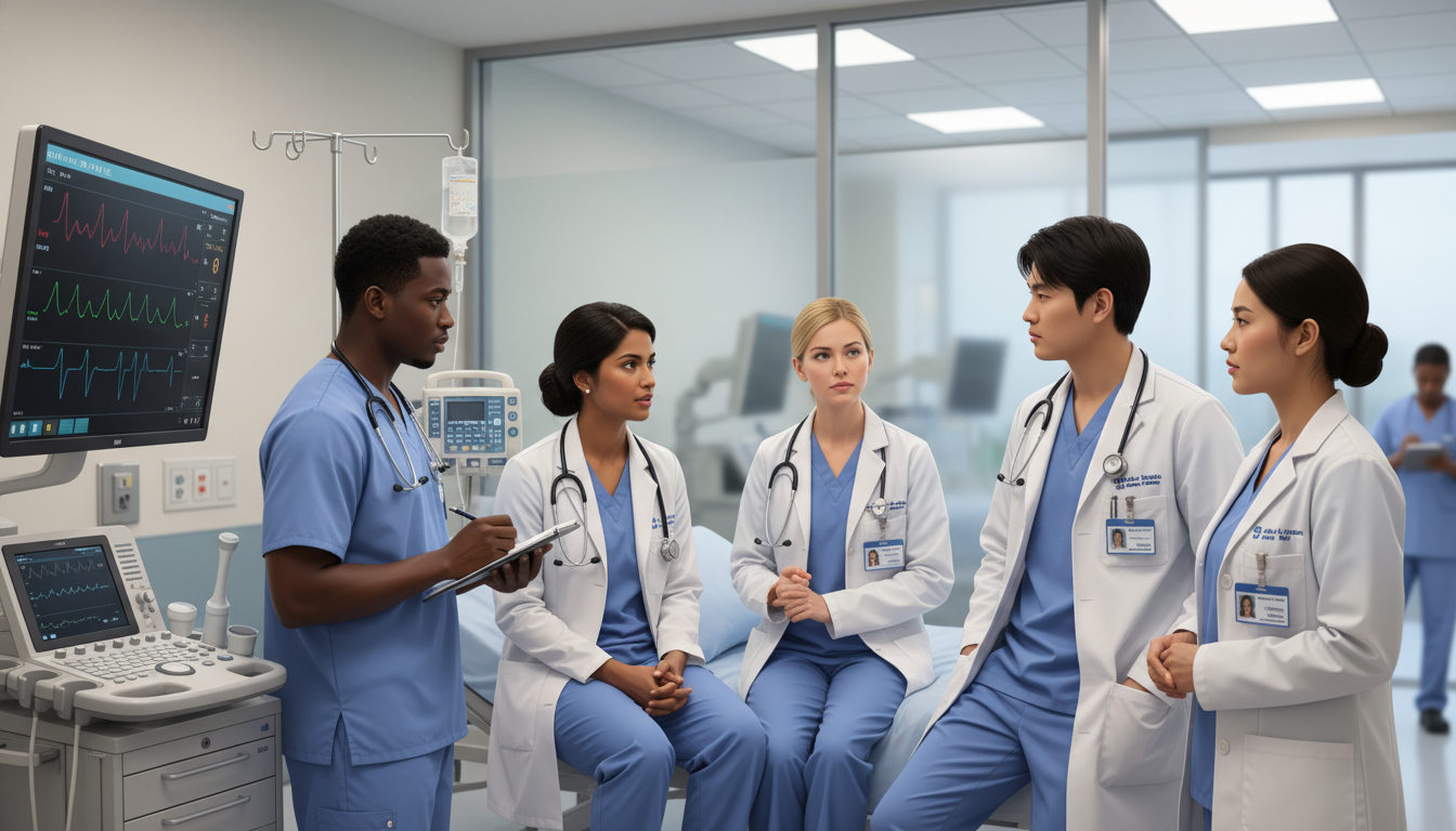 Emergency medicine attending teaching residents and students in a busy academic emergency department Emergency medicine attending teaching residents and students in a busy academic emergency department - MD graduate residency