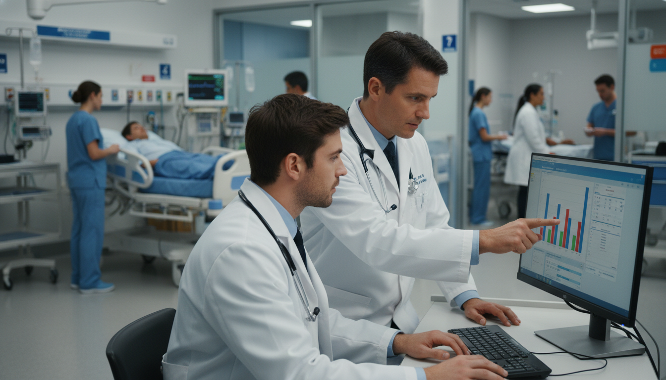 Medical student and attending physician in emergency department during away rotation Medical student and attending physician in emergency department during away rotation - MD graduate residency for Away Rotatio