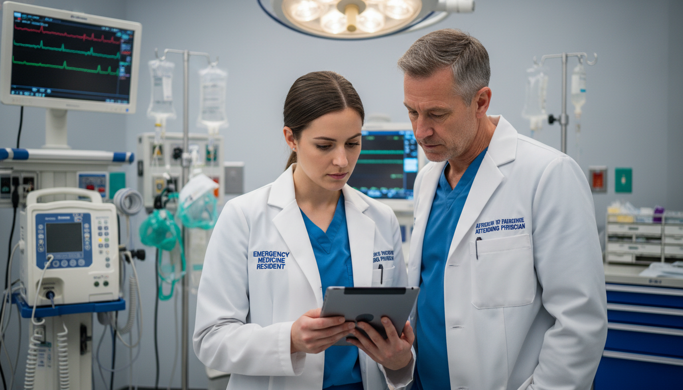 Emergency medicine resident working with attending physician in trauma bay Emergency medicine resident working with attending physician in trauma bay - MD graduate residency for CV Building for MD Gra