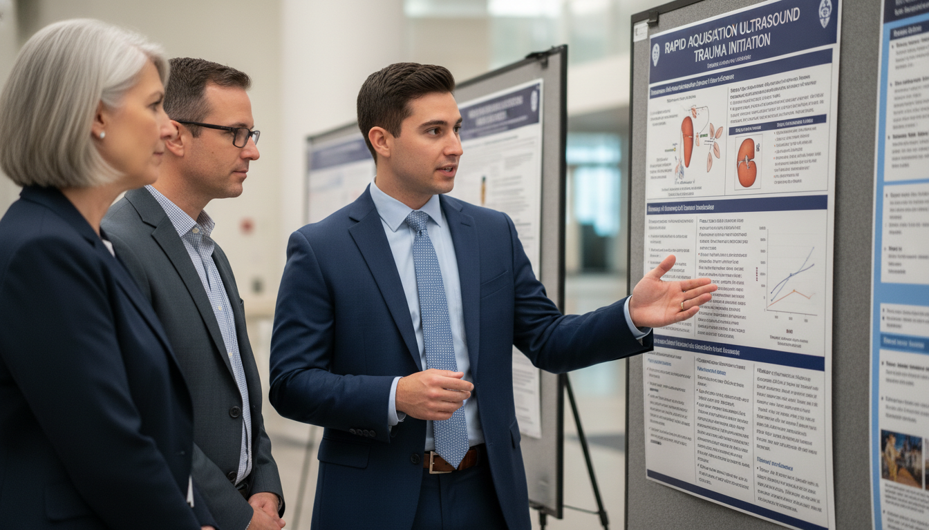 Medical resident presenting research poster in hospital conference Medical resident presenting research poster in hospital conference - MD graduate residency for CV Building for MD Graduate in
