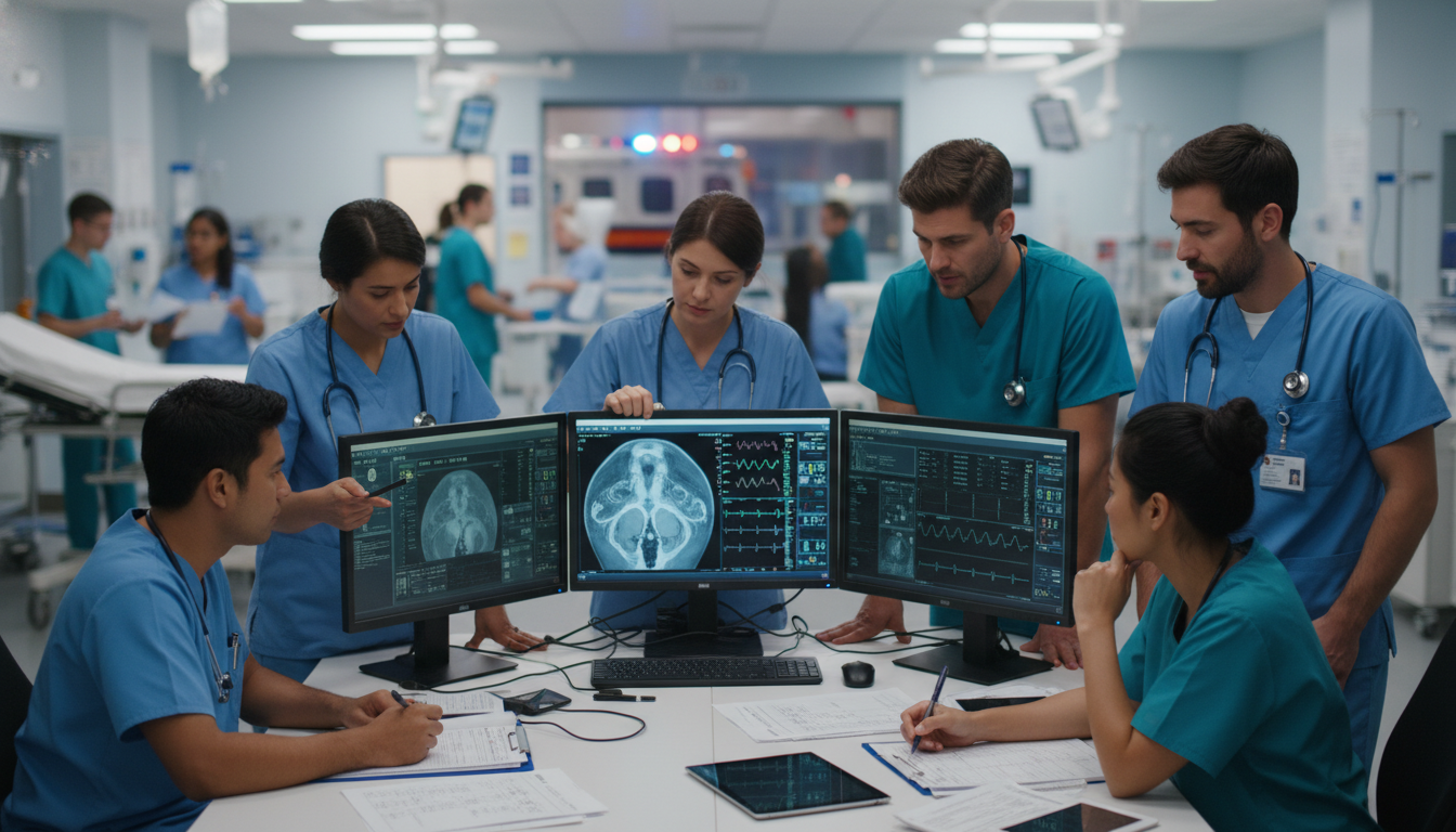 Emergency medicine residents working together in a busy emergency department - MD graduate residency for Low Step Score Strat