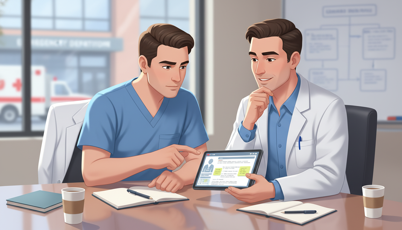 Emergency medicine resident debriefing with faculty mentor Emergency medicine resident debriefing with faculty mentor - MD graduate residency for Networking in Medicine for MD Graduate