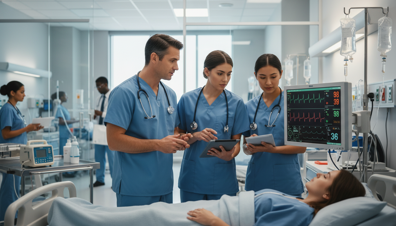 Emergency medicine residents learning at bedside in an academic emergency department Emergency medicine residents learning at bedside in an academic emergency department - MD graduate residency for Questions to