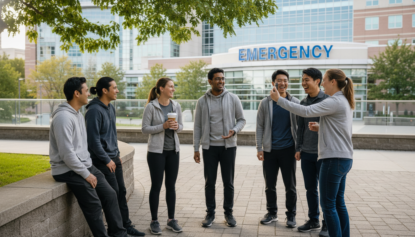 Emergency medicine residents relaxing together outside hospital Emergency medicine residents relaxing together outside hospital - MD graduate residency for Questions to Ask Programs for MD