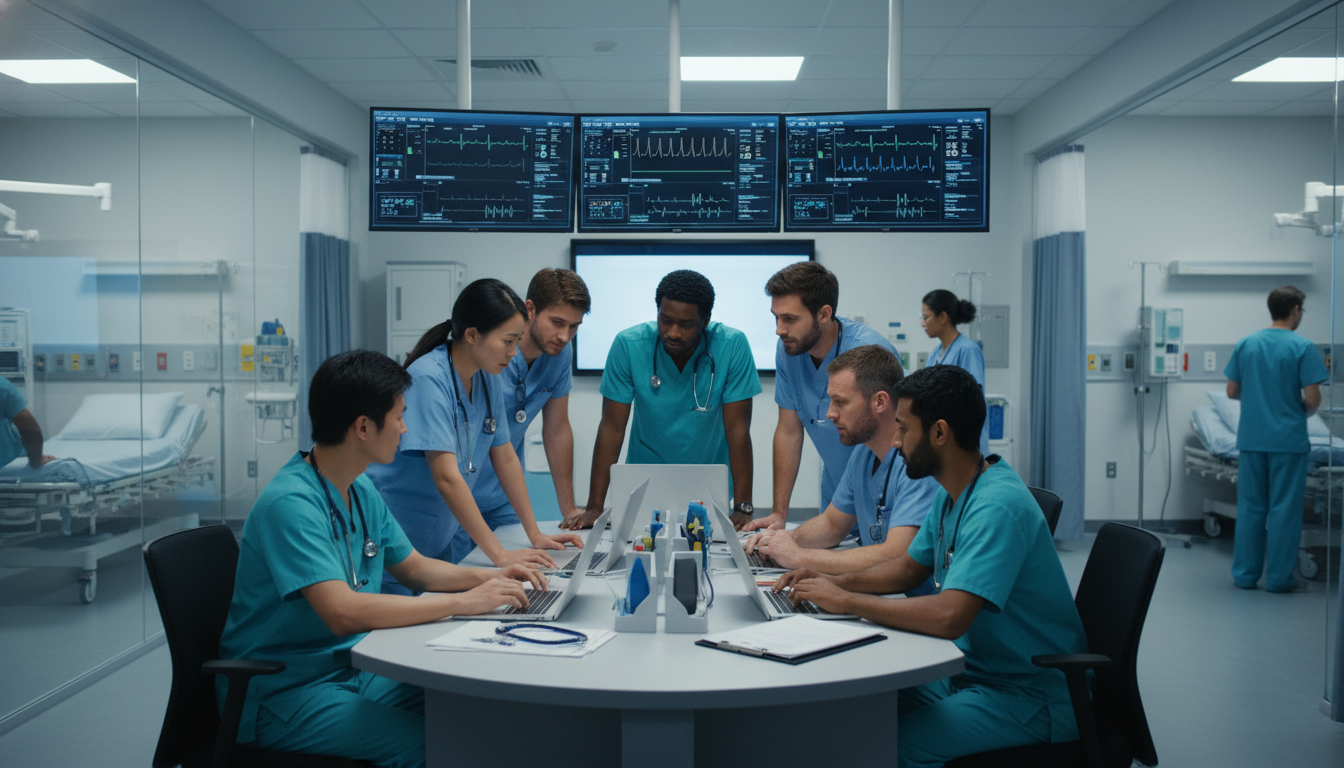 Emergency medicine residents collaborating in a busy emergency department Emergency medicine residents collaborating in a busy emergency department - MD graduate residency for Addressing Red Flags fo