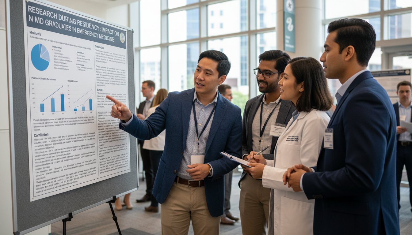 Emergency medicine residents discussing a research poster Emergency medicine residents discussing a research poster - MD graduate residency for Research During Residency for MD Gradua