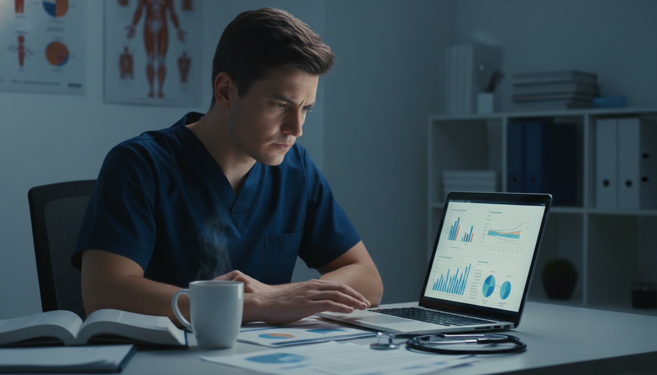 Emergency medicine resident analyzing research data after shift Emergency medicine resident analyzing research data after shift - MD graduate residency for Research During Residency for MD