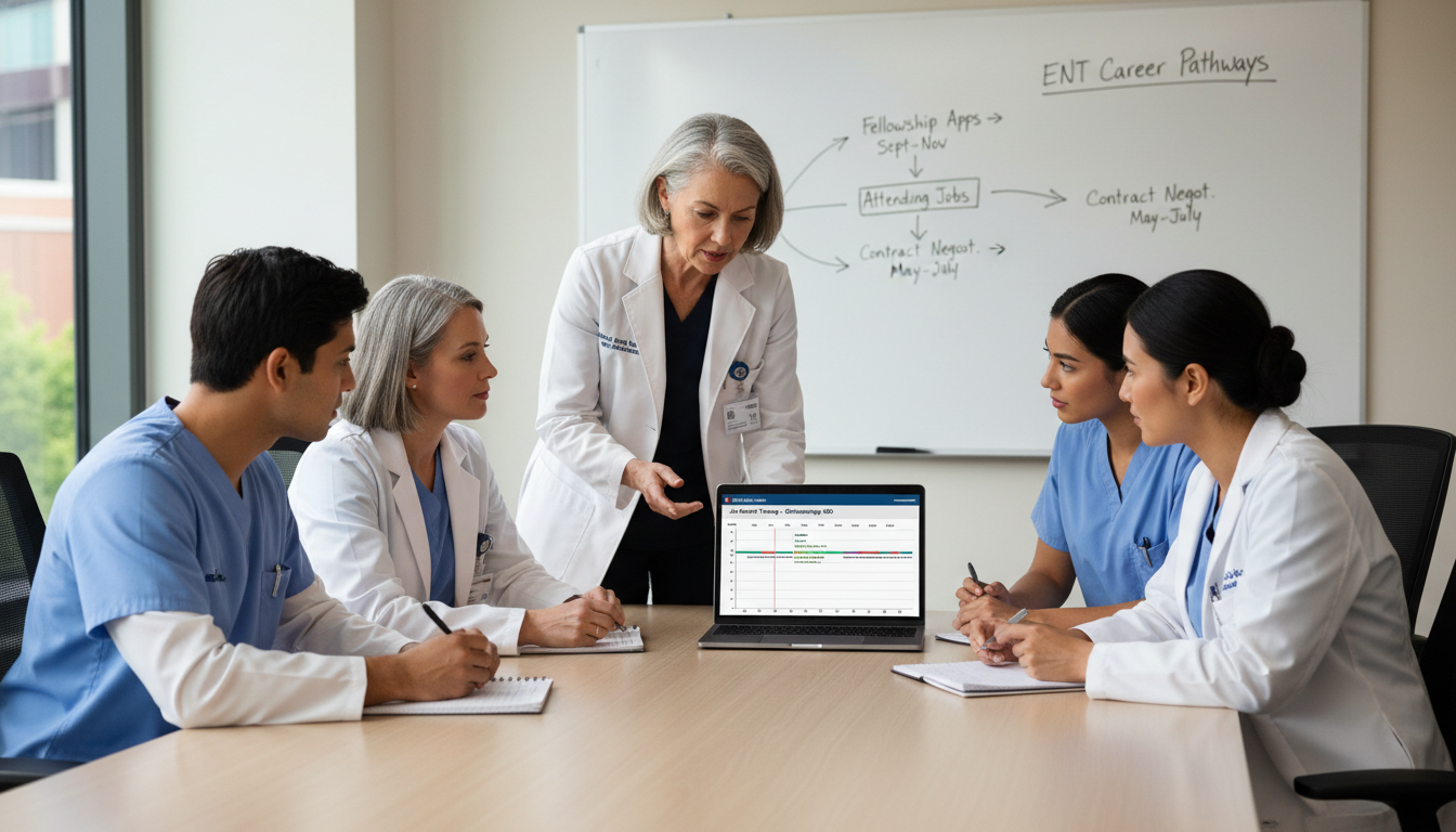 Otolaryngology residents discussing career planning with mentor Otolaryngology residents discussing career planning with mentor - MD graduate residency for Job Search Timing for MD Graduate