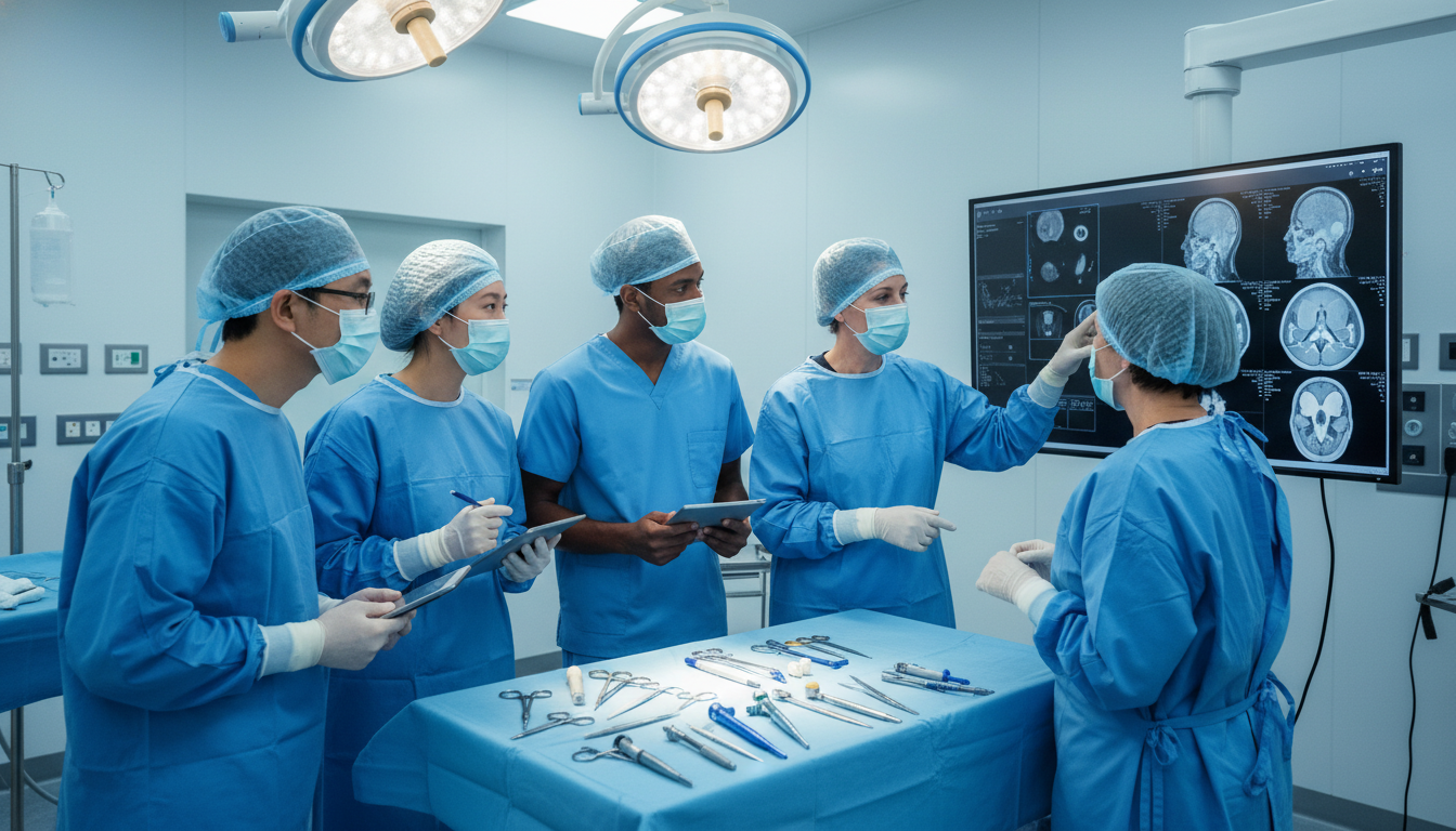 ENT residents in a teaching operating room discussing a surgical case ENT residents in a teaching operating room discussing a surgical case - MD graduate residency for Questions to Ask Programs f