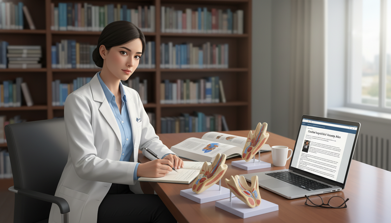 ENT resident studying with temporal bone models and anatomy atlases ENT resident studying with temporal bone models and anatomy atlases - MD graduate residency for Ultra-Competitive Specialty S