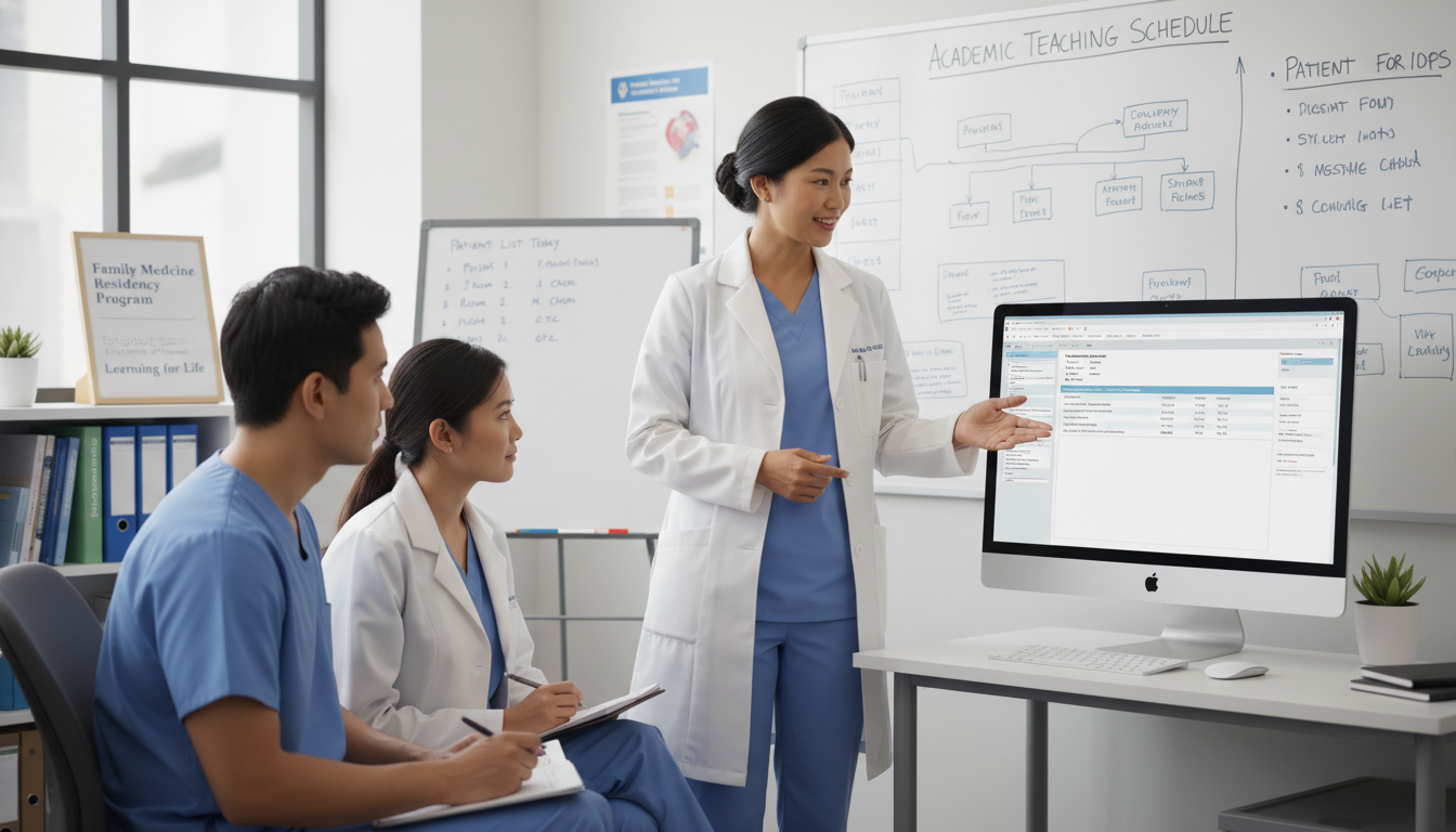 Family medicine physician teaching residents in an academic clinic Family medicine physician teaching residents in an academic clinic - MD graduate residency for Academic vs Private Practice f