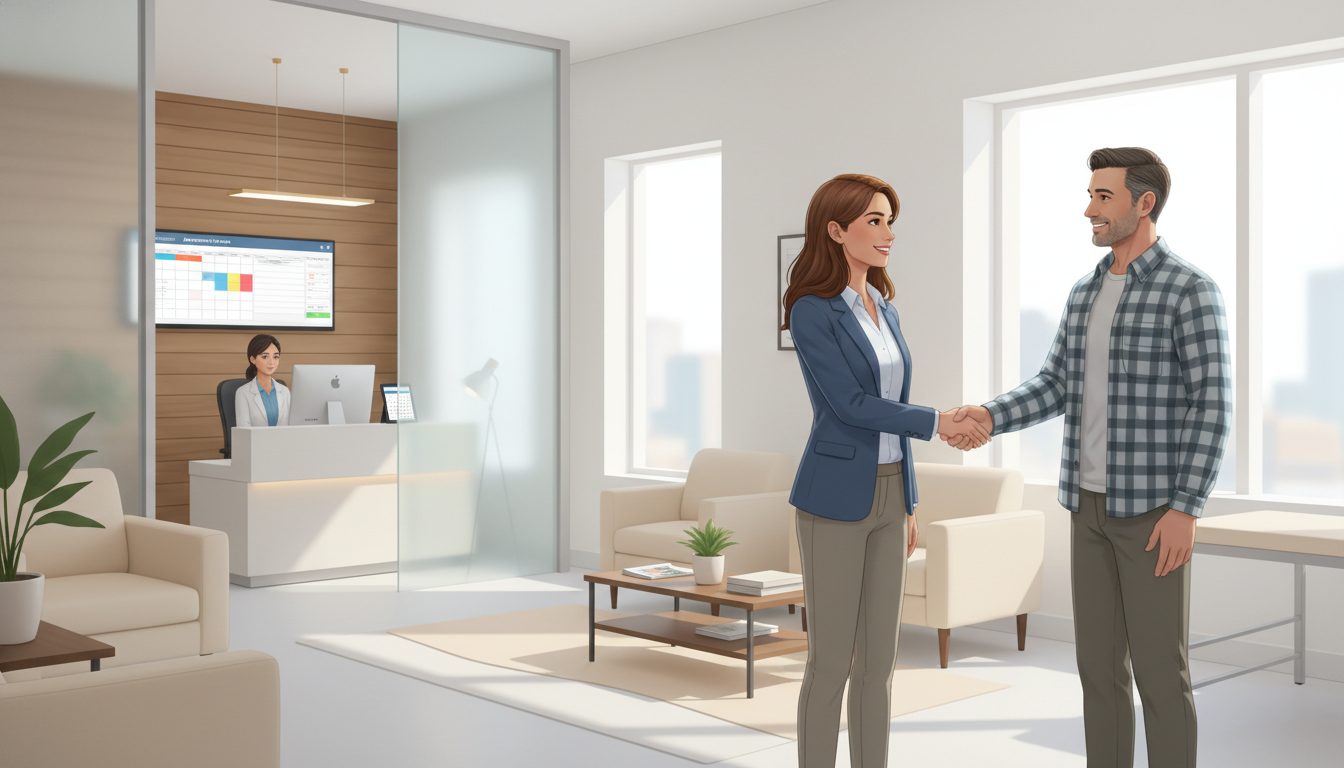 Family medicine physician in a private practice clinic with patients Family medicine physician in a private practice clinic with patients - MD graduate residency for Academic vs Private Practice