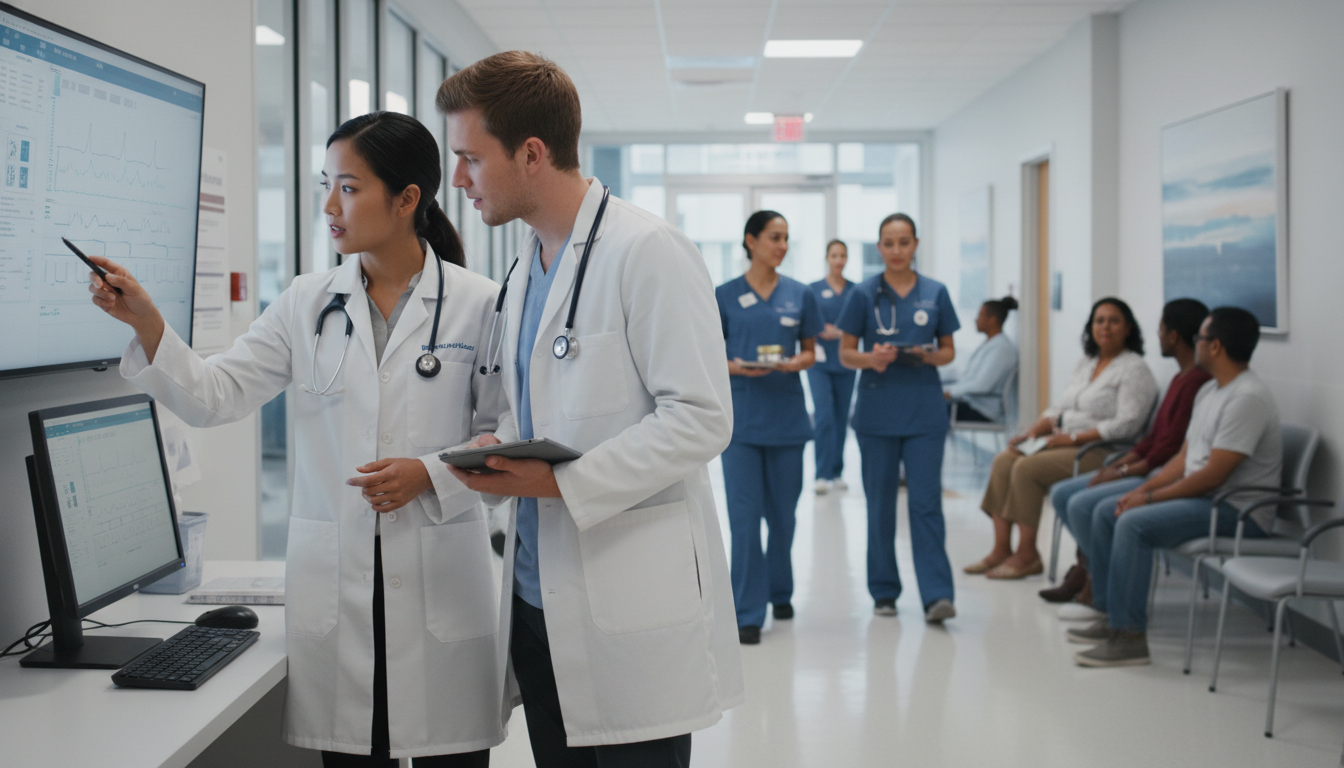 Family medicine resident and medical student working together in clinic Family medicine resident and medical student working together in clinic - MD graduate residency for Letters of Recommendation