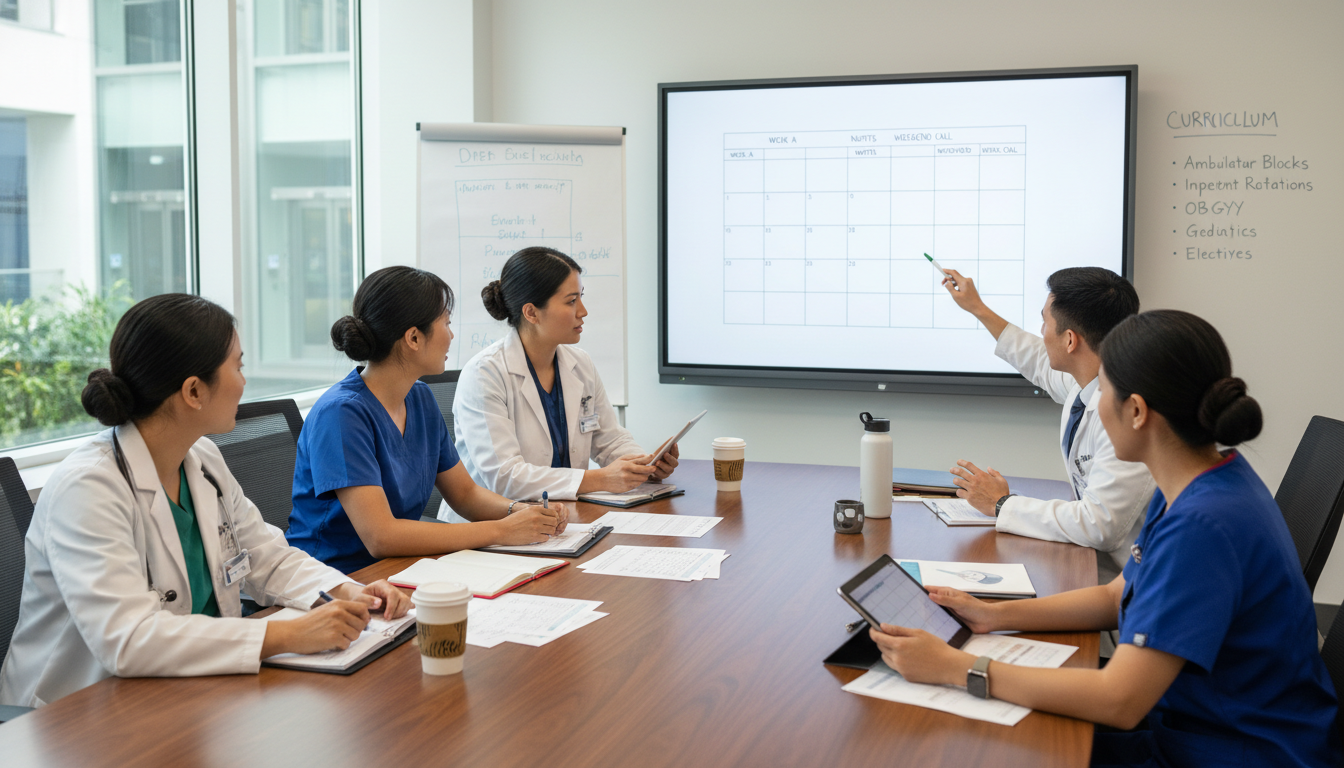 Family medicine residents discussing program structure and curriculum in a conference room Family medicine residents discussing program structure and curriculum in a conference room - MD graduate residency for Questi