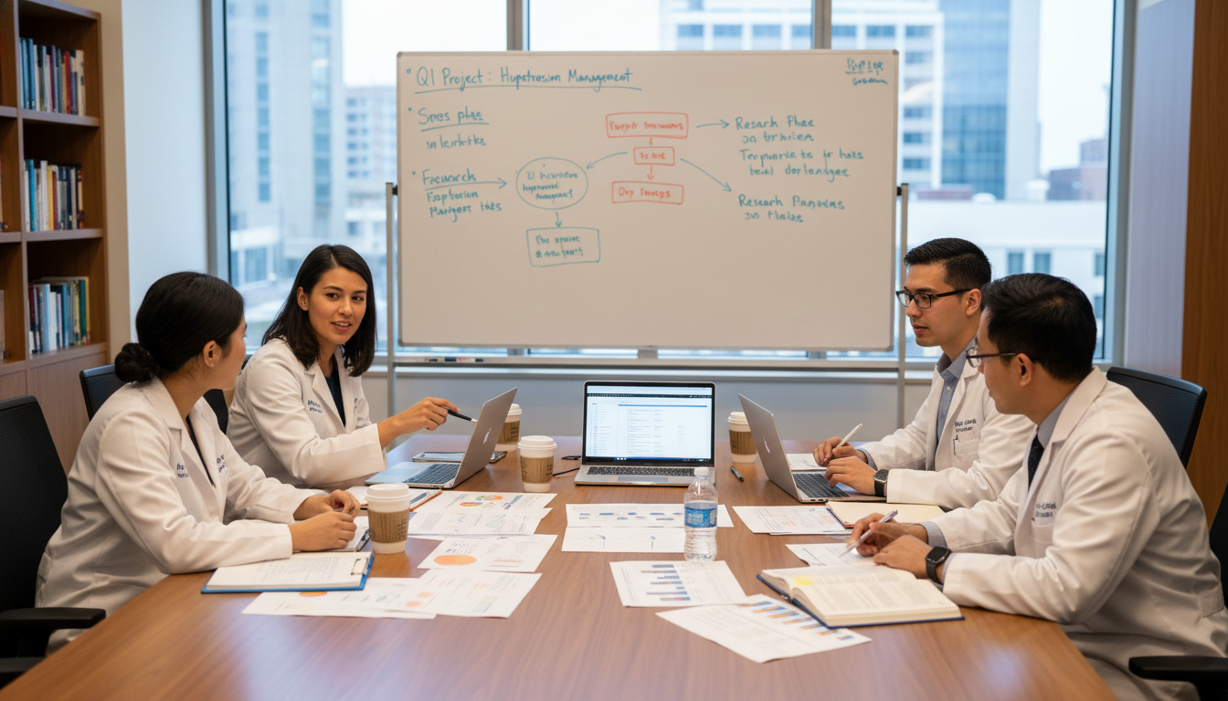 Family medicine residents and faculty brainstorming a research project Family medicine residents and faculty brainstorming a research project - MD graduate residency for Research During Residency