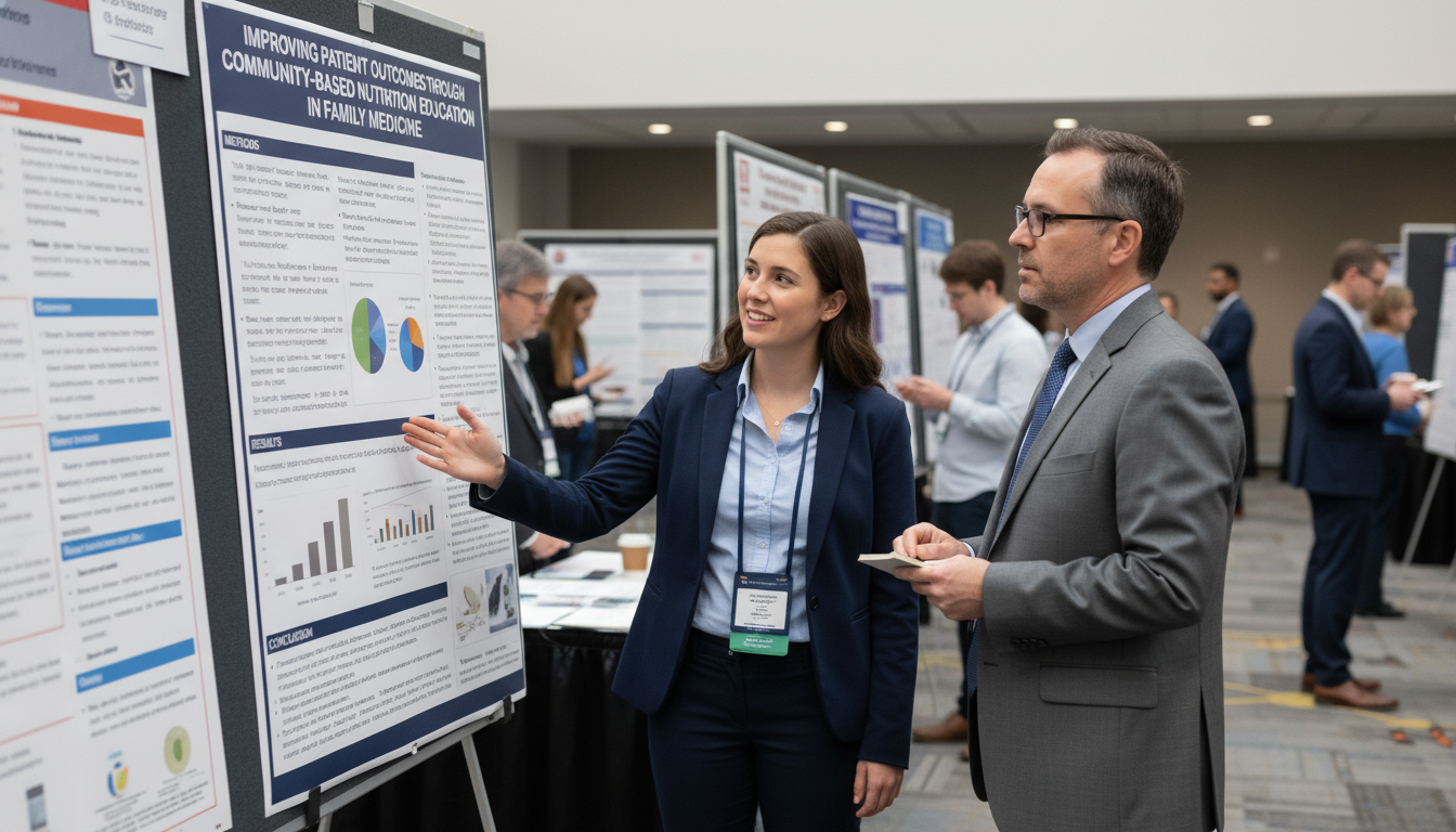 Family medicine resident presenting a research poster at a medical conference Family medicine resident presenting a research poster at a medical conference - MD graduate residency for Research During Res