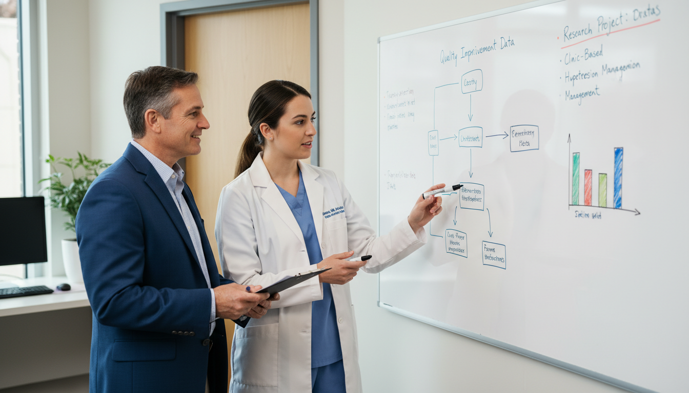 Family medicine resident and mentor discussing a quality improvement research project - MD graduate residency for Research Pr