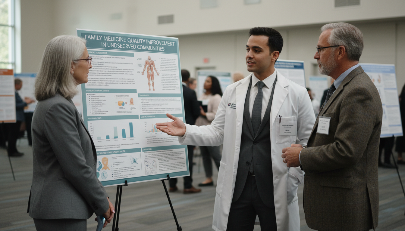 MD graduate presenting a family medicine research poster at a medical conference - MD graduate residency for Research Profile