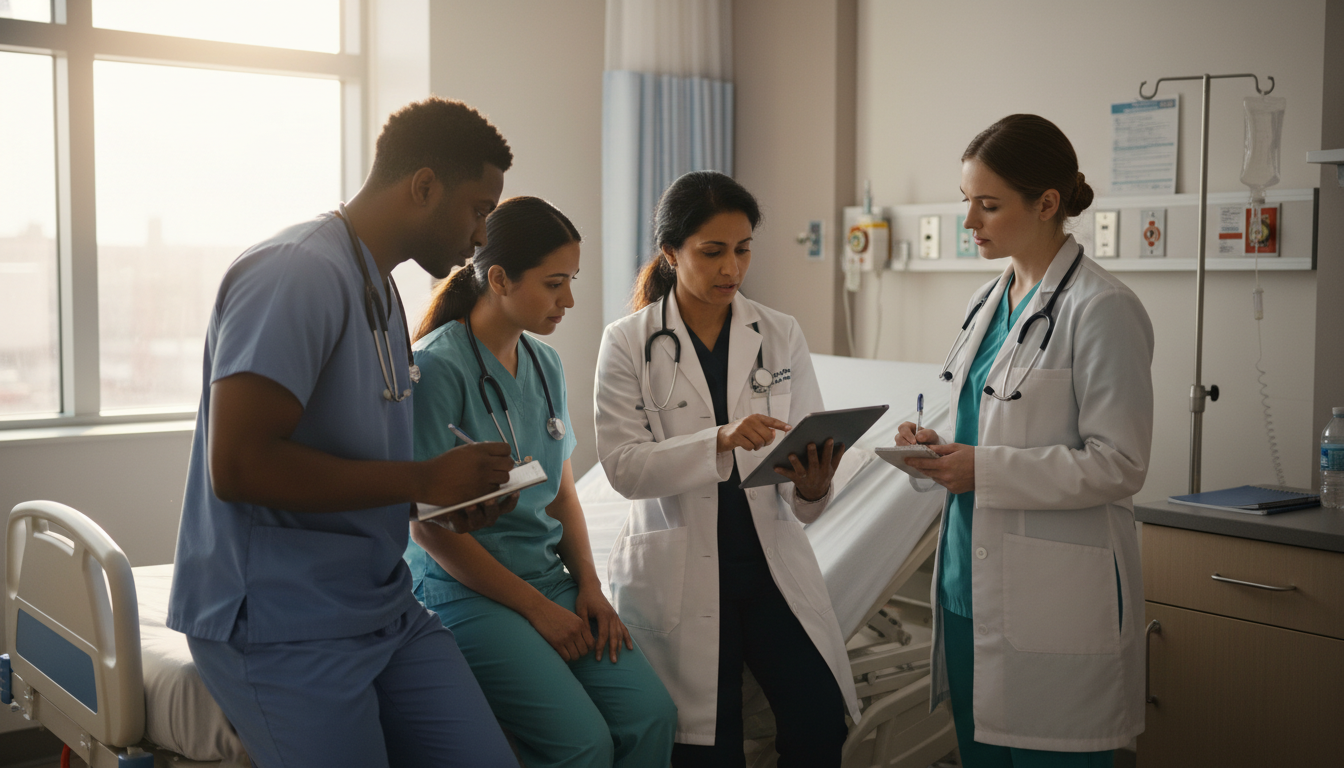 Family medicine residents during inpatient team rounds Family medicine residents during inpatient team rounds - MD graduate residency for Work-Life Balance Assessment for MD Gradua