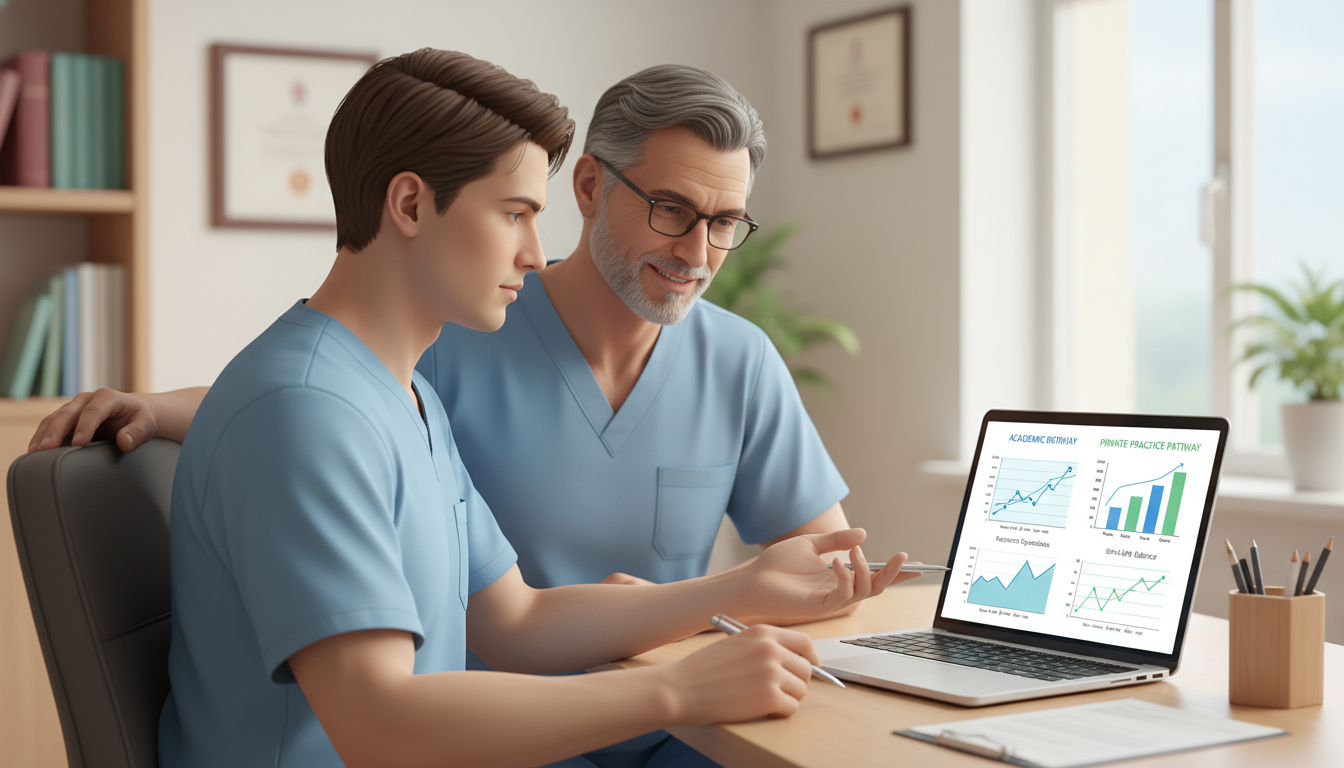 General surgeon discussing career options in academic versus private practice with a mentor General surgeon discussing career options in academic versus private practice with a mentor - MD graduate residency for Acade