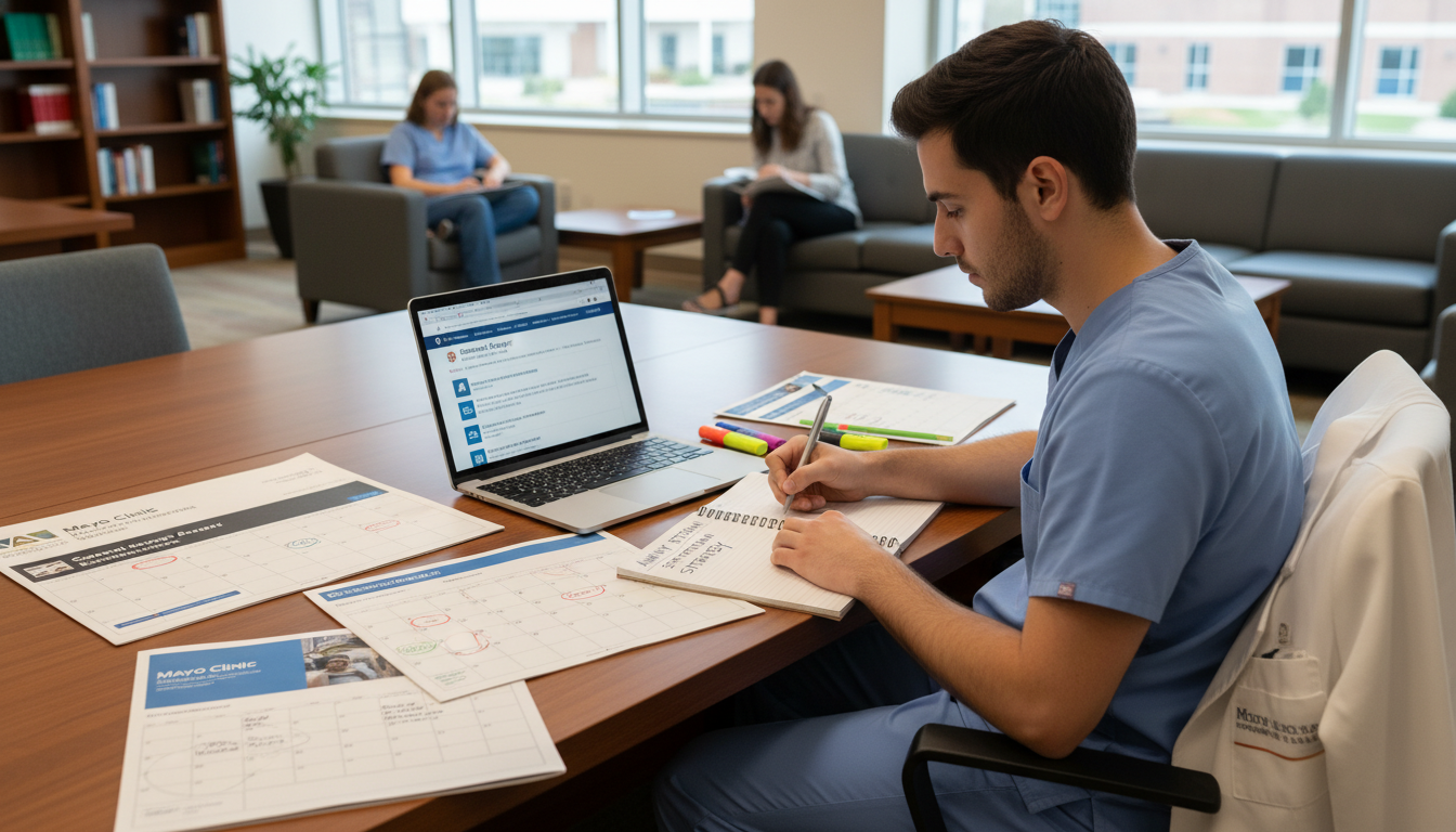 General surgery resident planning away rotations on laptop with calendar and program brochures General surgery resident planning away rotations on laptop with calendar and program brochures - MD graduate residency for Aw