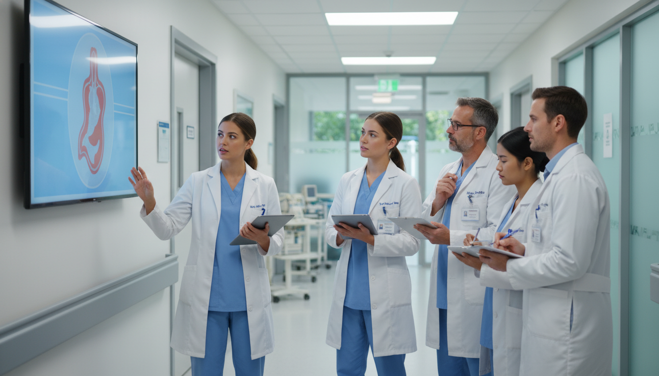 General surgery resident presenting a patient case to attending surgeons on an away rotation General surgery resident presenting a patient case to attending surgeons on an away rotation - MD graduate residency for Away