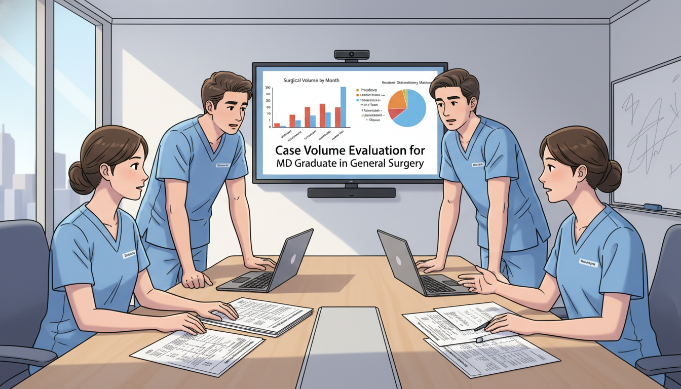 Surgical residents discussing operative case logs and competencies Surgical residents discussing operative case logs and competencies - MD graduate residency for Case Volume Evaluation for MD