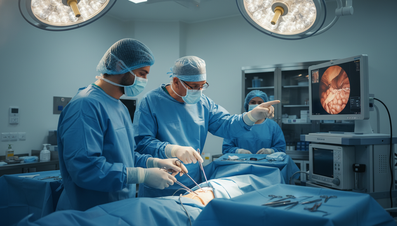 General surgery resident performing laparoscopic procedure with attending supervision General surgery resident performing laparoscopic procedure with attending supervision - MD graduate residency for Case Volume