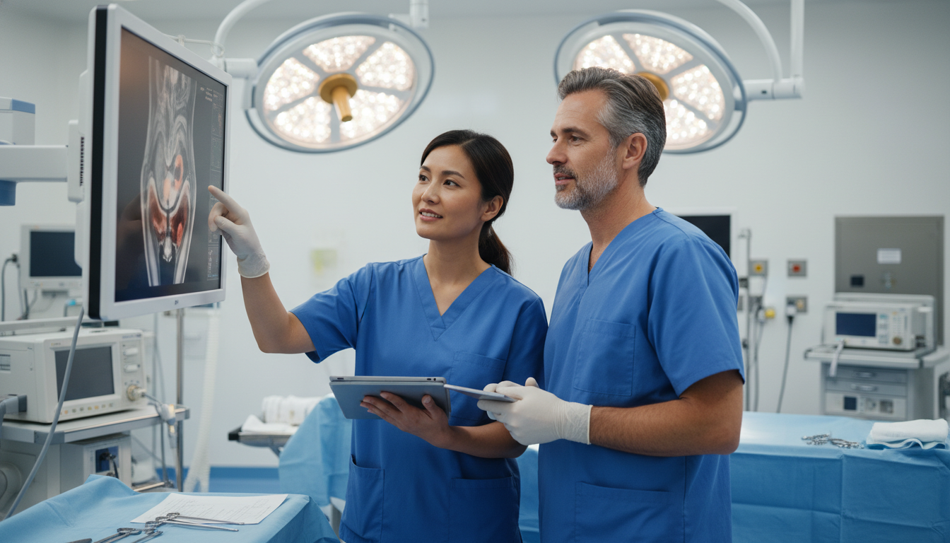 General surgery resident receiving mentorship from senior surgeon General surgery resident receiving mentorship from senior surgeon - MD graduate residency for Identifying Malignant Programs