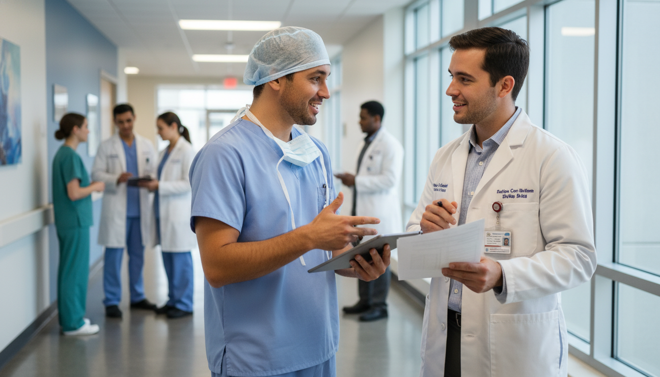 Surgical resident and MD graduate networking on hospital ward - MD graduate residency for Networking in Medicine for MD Gradu