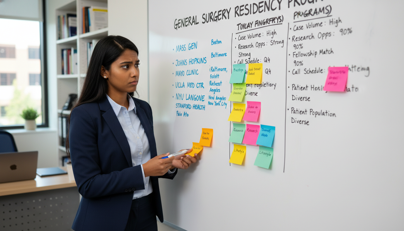 General surgery applicant comparing residency program data on a whiteboard - MD graduate residency for Program Selection Stra