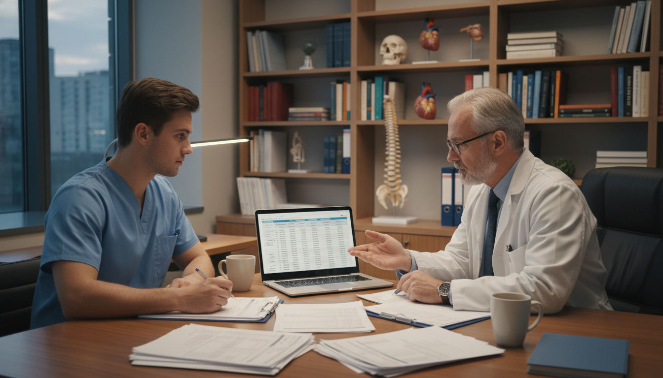 General surgery resident discussing program fit with a faculty mentor - MD graduate residency for Program Selection Strategy