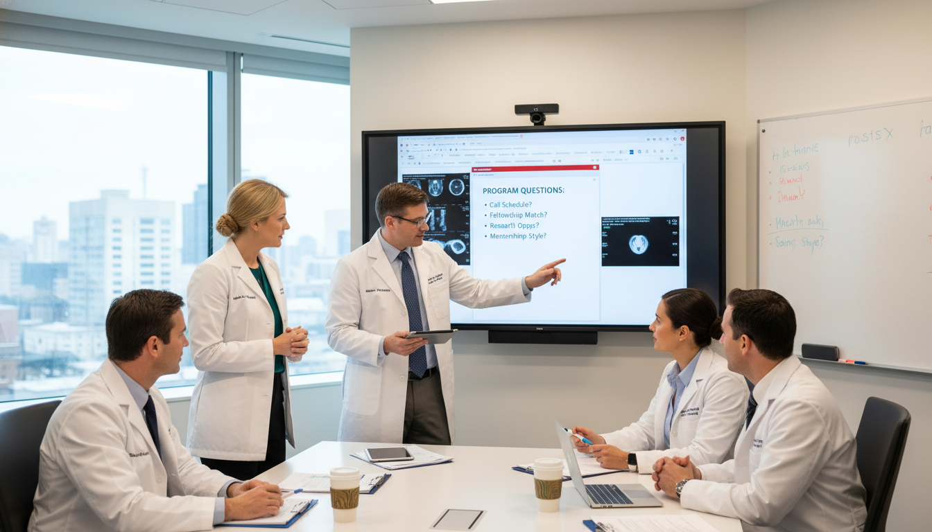 General surgery residents discussing cases in a conference room General surgery residents discussing cases in a conference room - MD graduate residency for Questions to Ask Programs for MD
