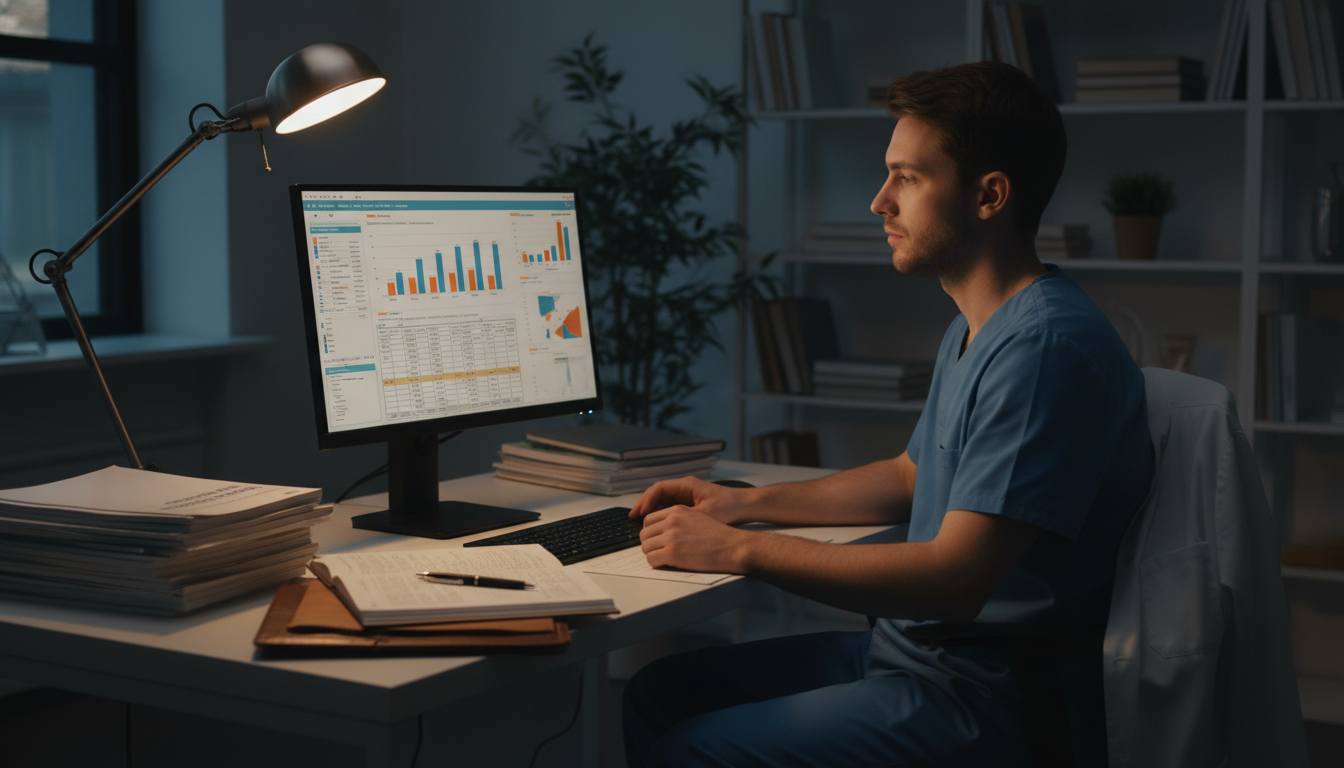 Surgical resident analyzing research data with statistical software Surgical resident analyzing research data with statistical software - MD graduate residency for Research During Residency for