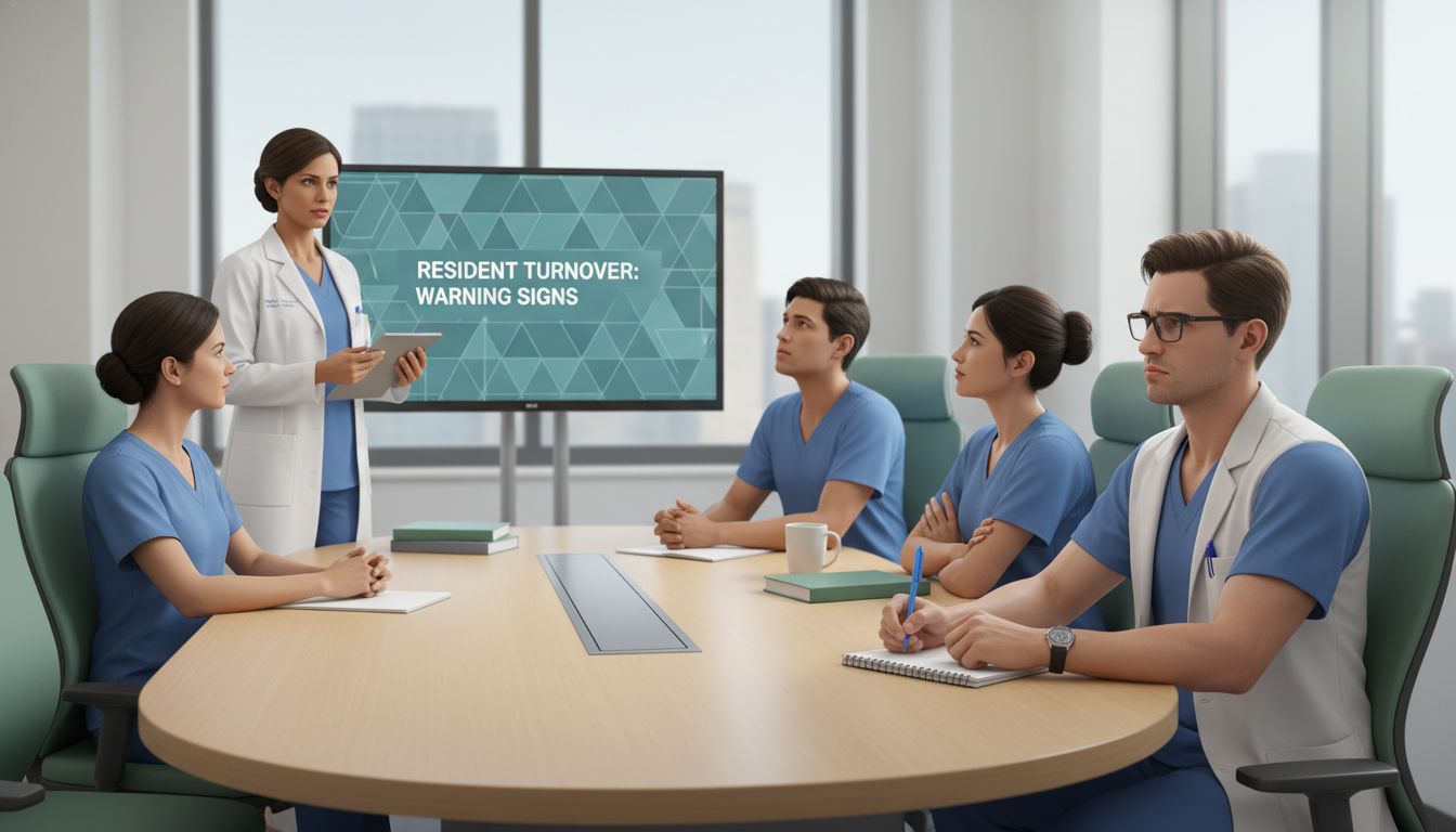 General surgery residents in conference room listening to program director General surgery residents in conference room listening to program director - MD graduate residency for Resident Turnover Warn