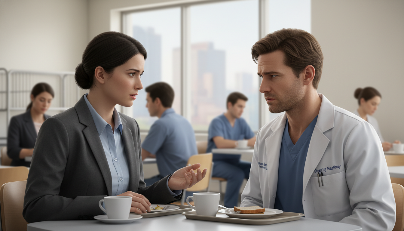 General surgery applicant speaking privately with resident during interview day General surgery applicant speaking privately with resident during interview day - MD graduate residency for Resident Turnover