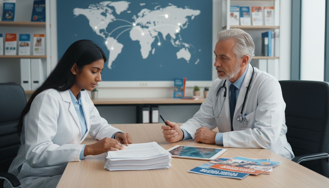 Medical graduate discussing global health residency plans with a mentor Medical graduate discussing global health residency plans with a mentor - MD graduate residency for CV Building for MD Gradua