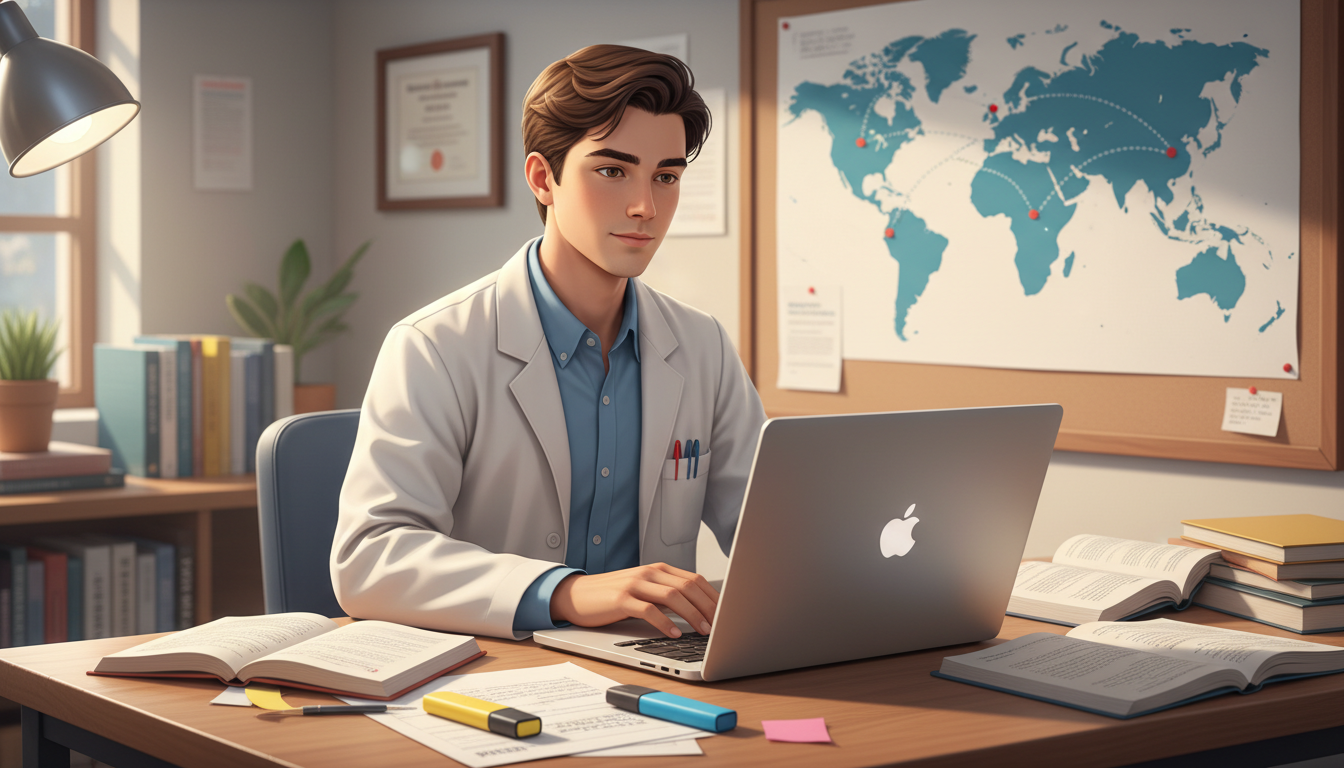 Residency applicant researching global health programs on laptop - MD graduate residency for Low Step Score Strategies for MD