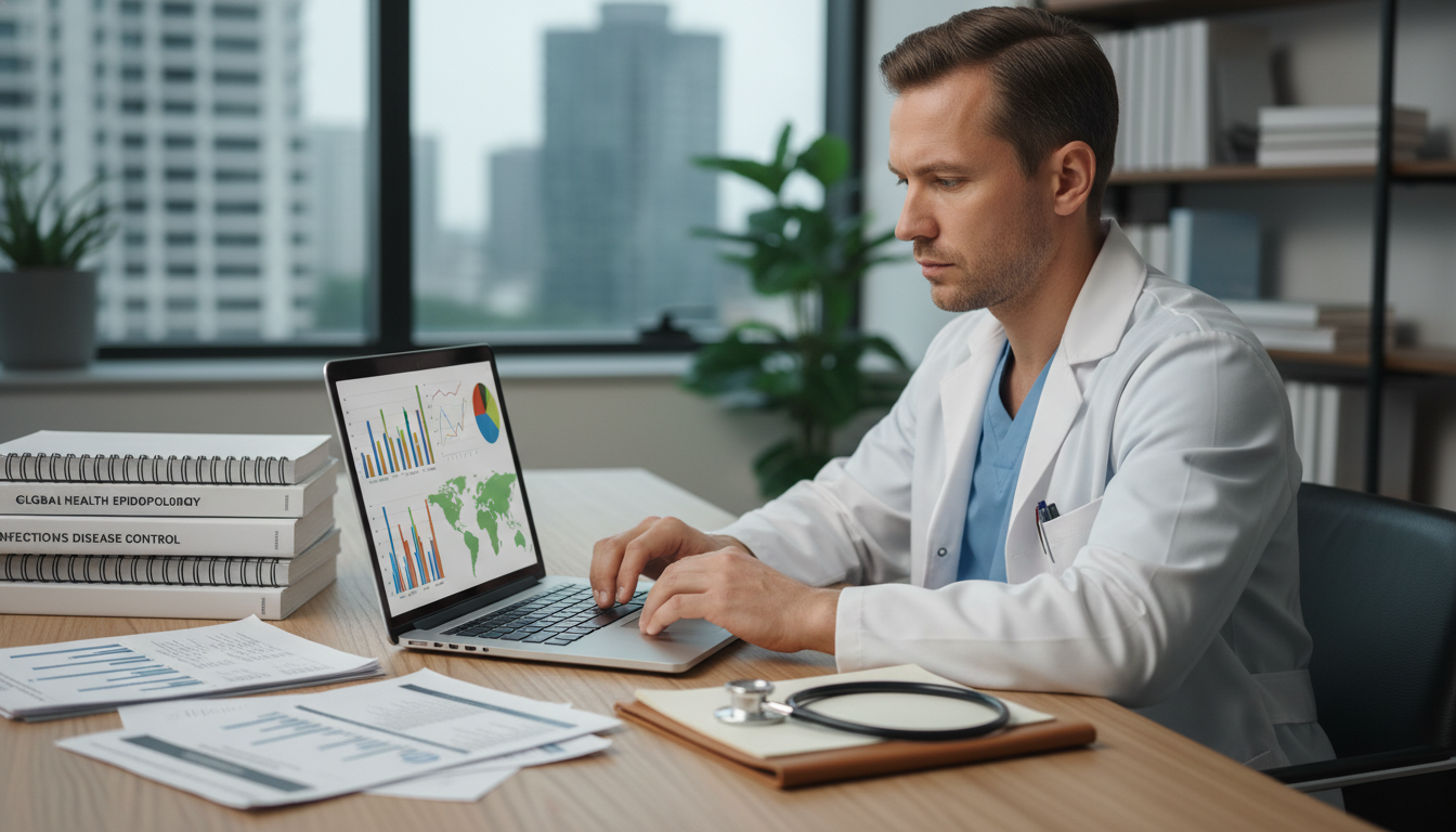 Medical graduate analyzing global health research data on laptop Medical graduate analyzing global health research data on laptop - MD graduate residency for Research Profile Building for MD