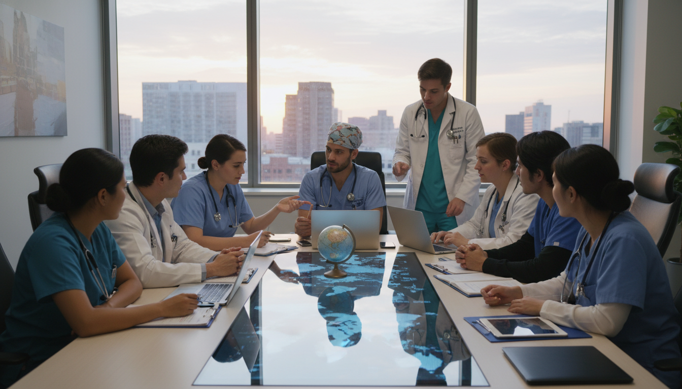 Global health residents from diverse specialties collaborating Global health residents from diverse specialties collaborating - MD graduate residency for Work-Life Balance Assessment for M