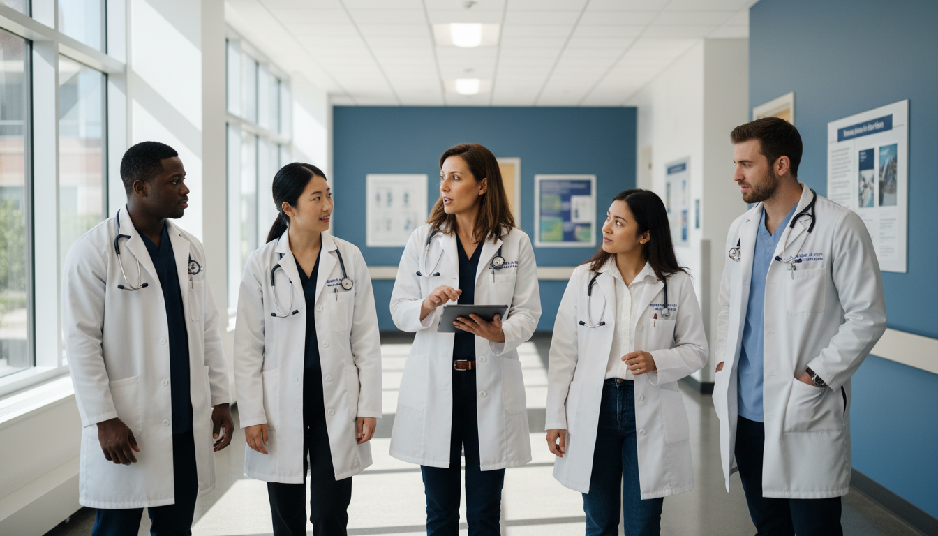 Internal medicine physician teaching residents on hospital rounds Internal medicine physician teaching residents on hospital rounds - MD graduate residency for Academic vs Private Practice fo