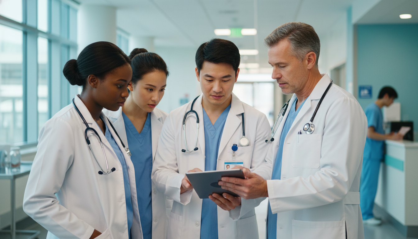 Internal medicine resident team discussing patient cases during rounds Internal medicine resident team discussing patient cases during rounds - MD graduate residency for CV Building for MD Graduat