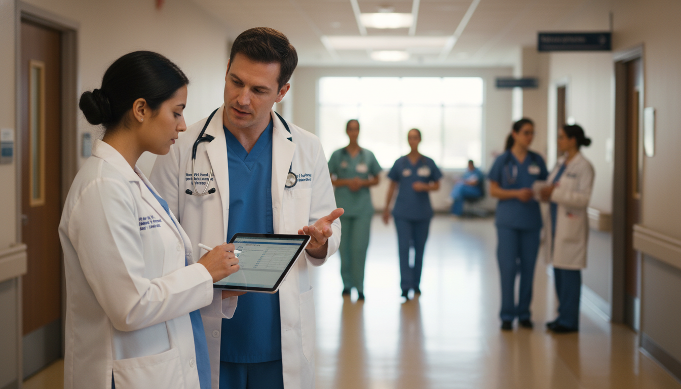 Internal medicine resident on subspecialty rotation discussing patient care Internal medicine resident on subspecialty rotation discussing patient care - MD graduate residency for Fellowship Preparatio