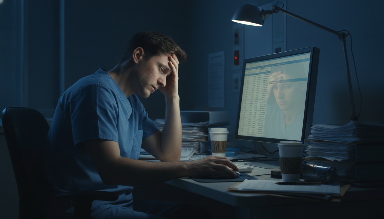 Stressed internal medicine resident reviewing patient list late at night Stressed internal medicine resident reviewing patient list late at night - MD graduate residency for Identifying Malignant Pr