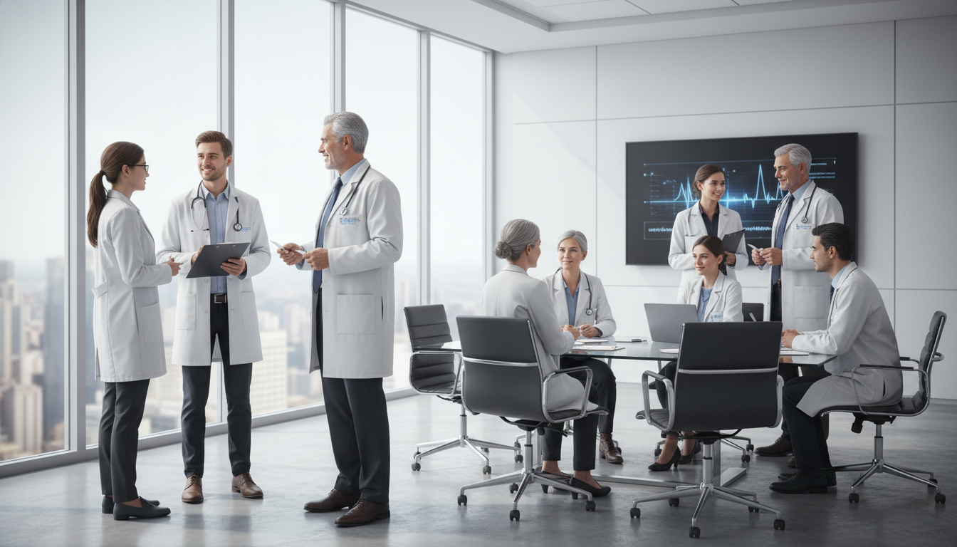 Internal medicine residents and faculty networking in a hospital conference room - MD graduate residency for Networking in Me