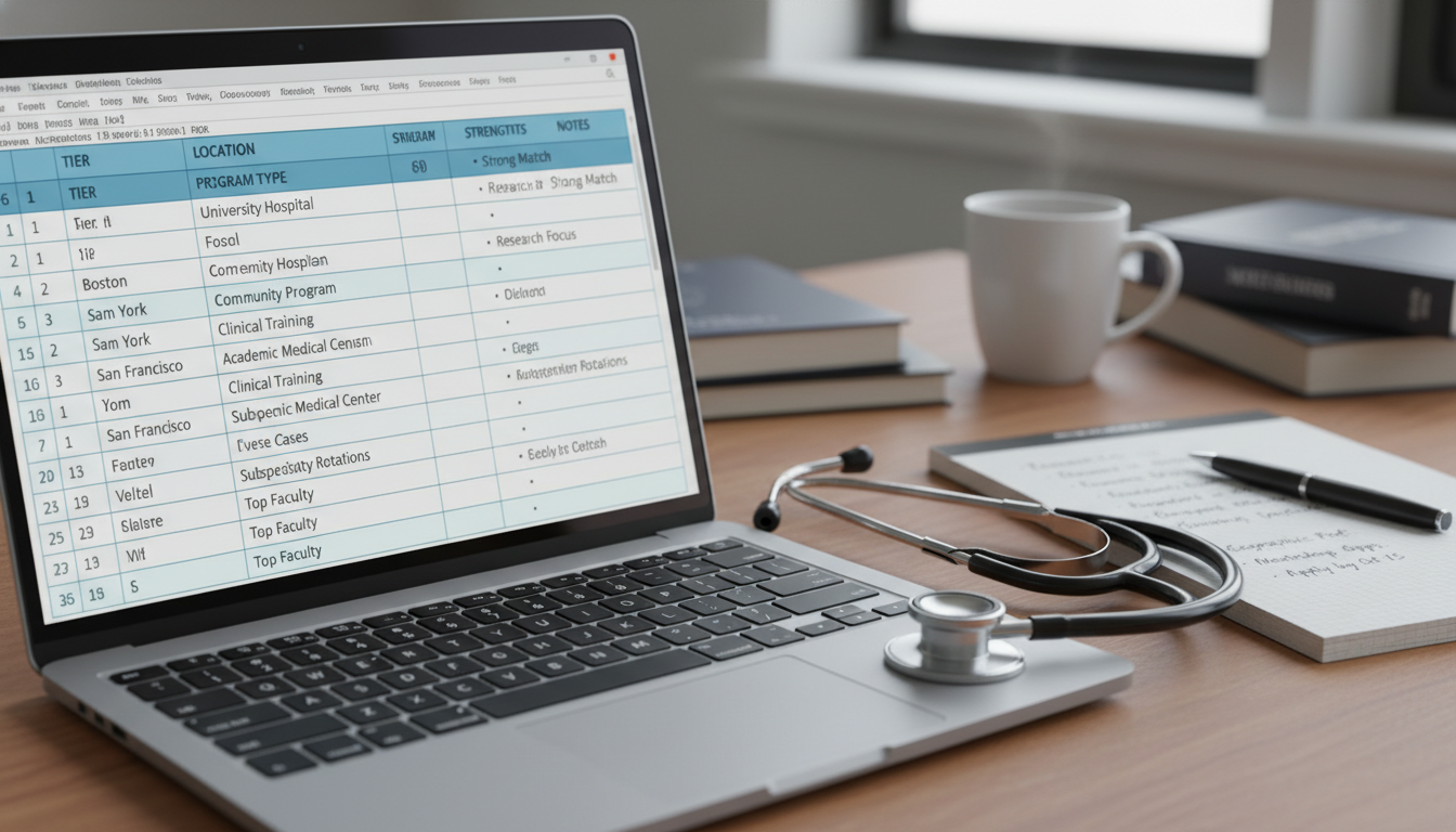 Spreadsheet of internal medicine residency programs on a laptop screen - MD graduate residency for Program Selection Strategy