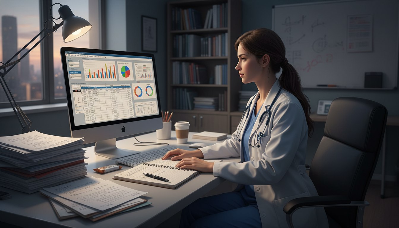 Internal medicine resident reviewing clinical data for a research project Internal medicine resident reviewing clinical data for a research project - MD graduate residency for Research During Residen